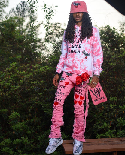 LOVE IS WHAT LOVE DOES PINK XAGGERATED DENIM