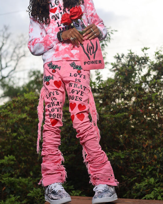 LOVE IS WHAT LOVE DOES PINK XAGGERATED DENIM