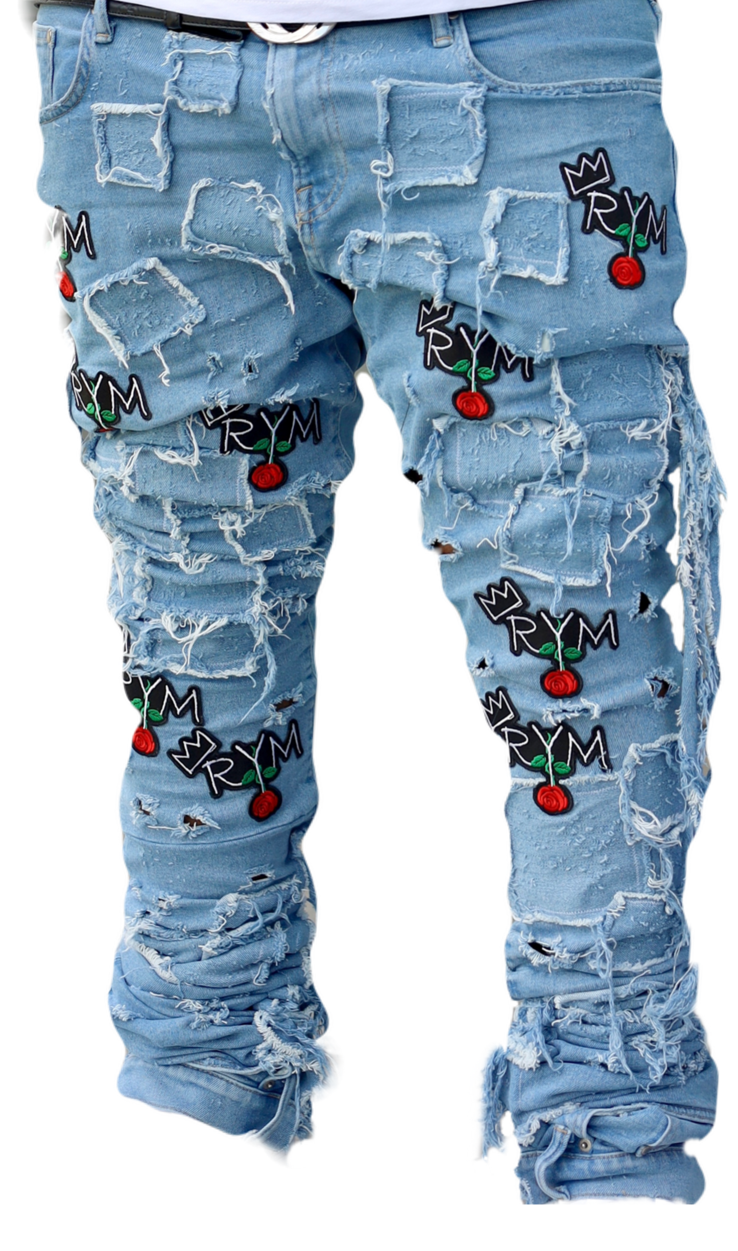 BLUE PATCHWORK STACK DENIMS