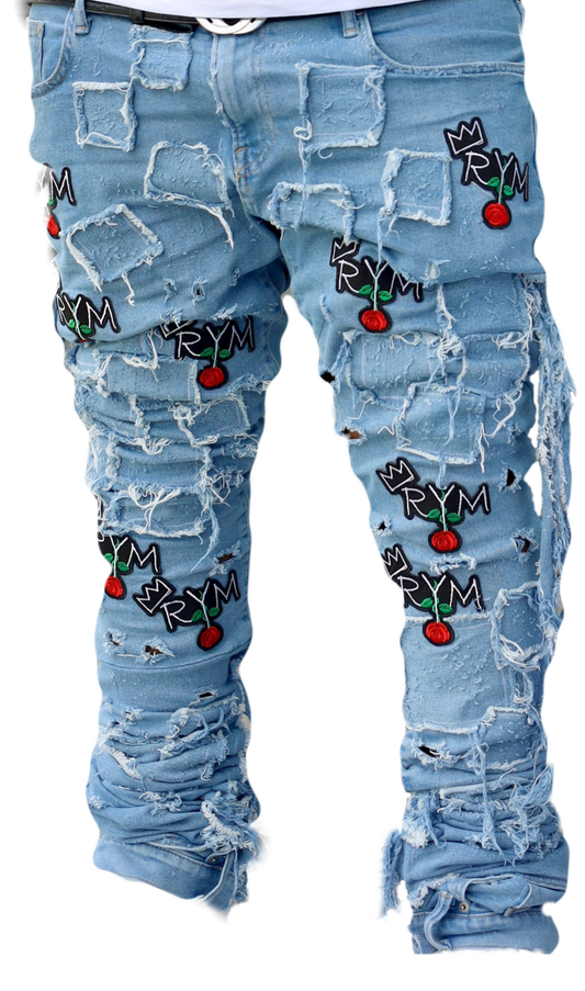 BLUE PATCHWORK STACK DENIMS