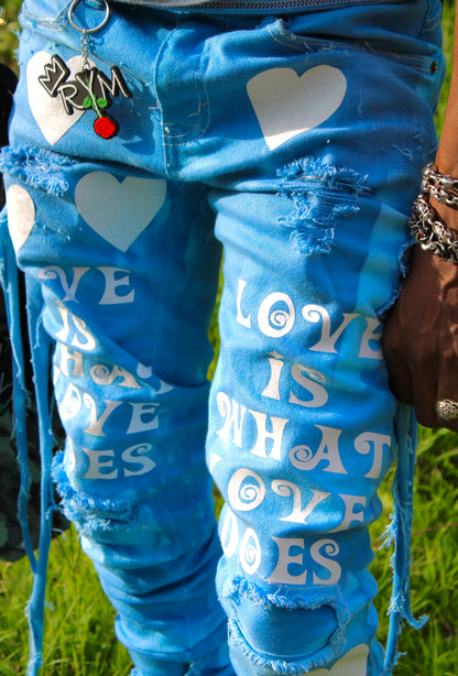 LOVE IS WHAT LOVE DOES BLUE XAGGERATED DENIM