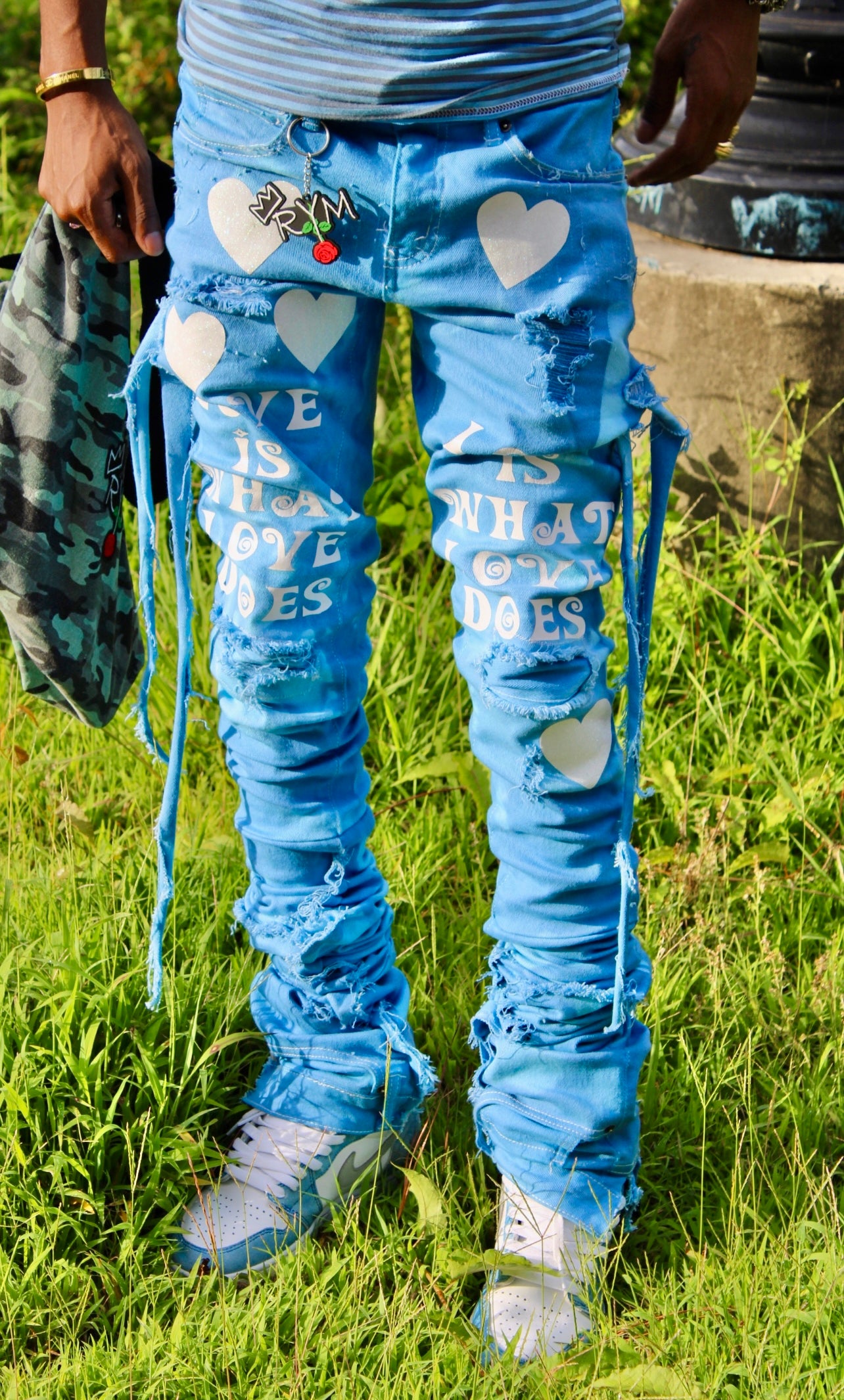 LOVE IS WHAT LOVE DOES BLUE XAGGERATED DENIM